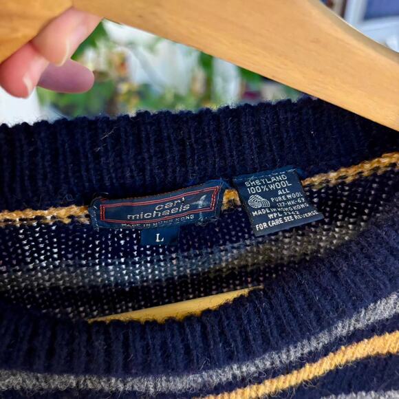 Vintage Carl Michaels 100% Wool Navy Blue Gray & Yellow Crewneck Sweater- Large - Picture 6 of 6